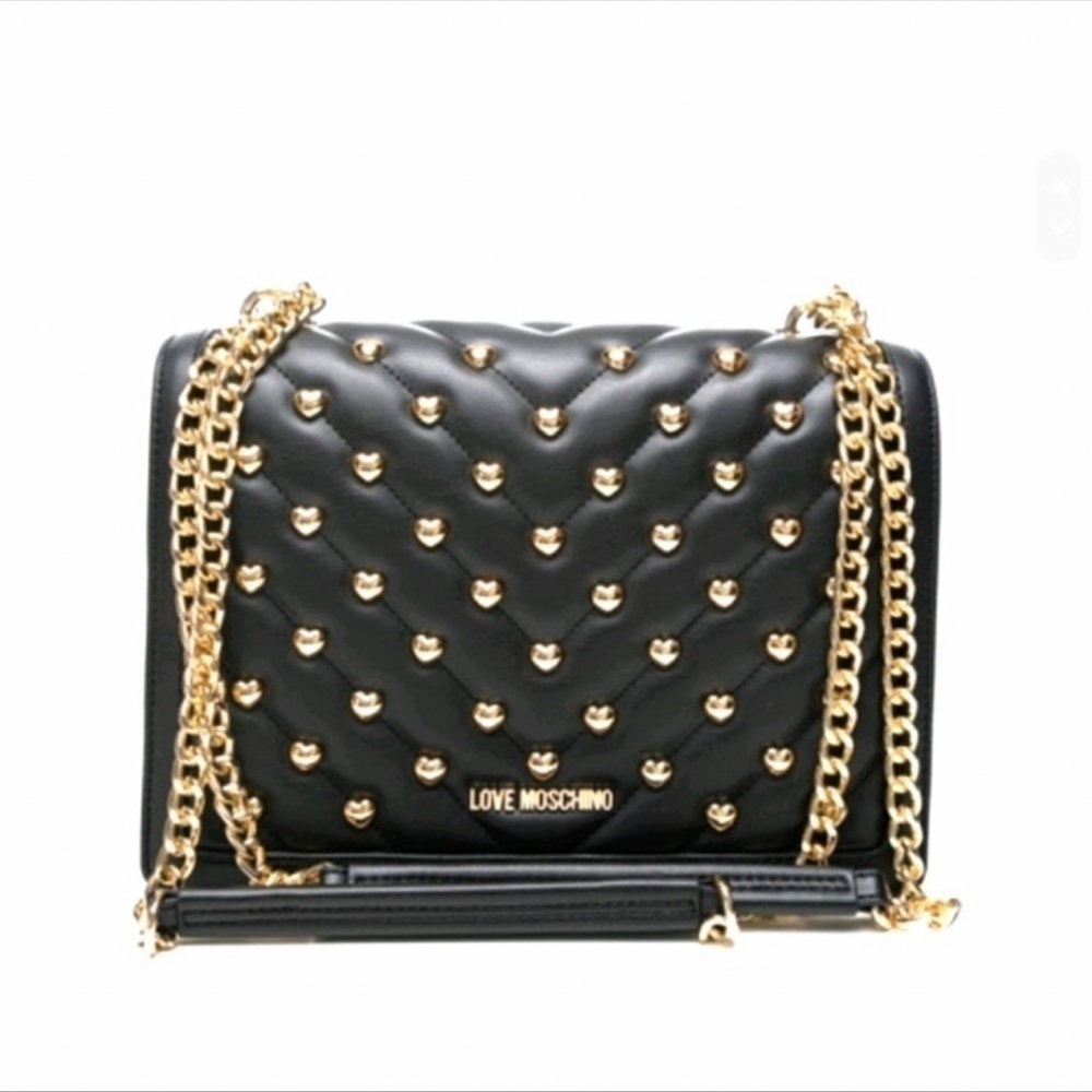 NWT Love Moschino Black Quilted Goldtone Heart Studded Borso Bag Purse